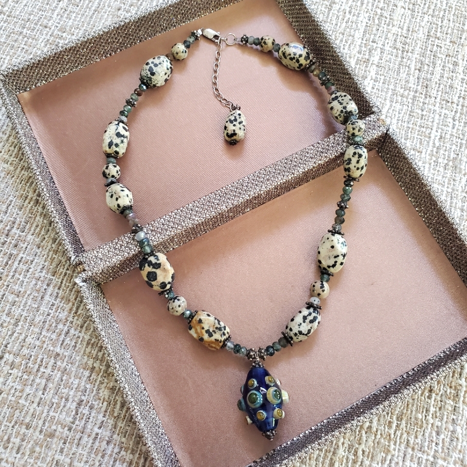 Dalmation Jasper Gemstone Blown Glass Pendant Necklace
